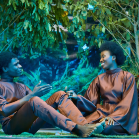 Haiku play showing young man and lady siting on stage wearing dark brown costume