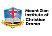 Red cross with a blue background sitting on a ribbon that has inscription "we act in faith" having a Bible